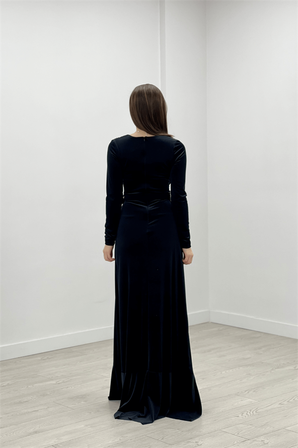 Velvet Fabric Frilly Detail Evening Dress - BLACK