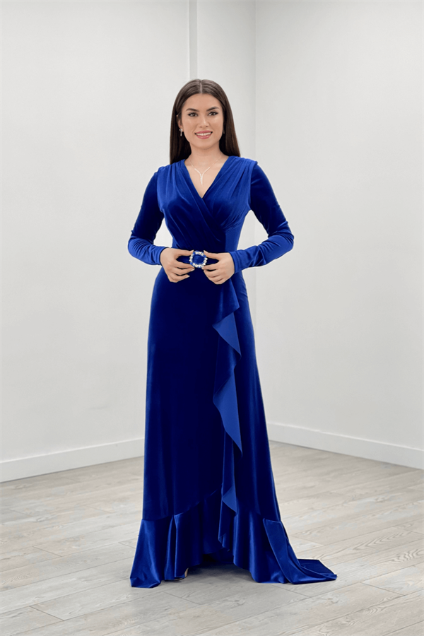 Velvet Fabric Frilly Detail Evening Dress - SAKS BLUE