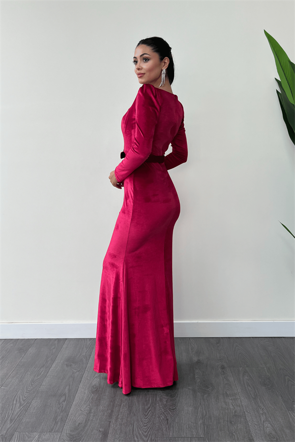 Kadife Kumaş Kalp Yaka Balık Elbise - BORDO