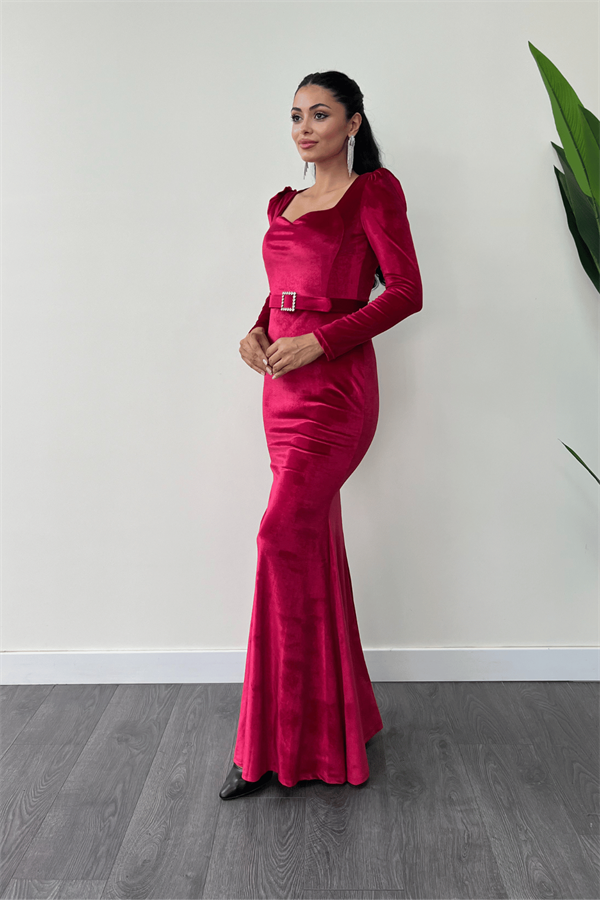 Kadife Kumaş Kalp Yaka Balık Elbise - BORDO