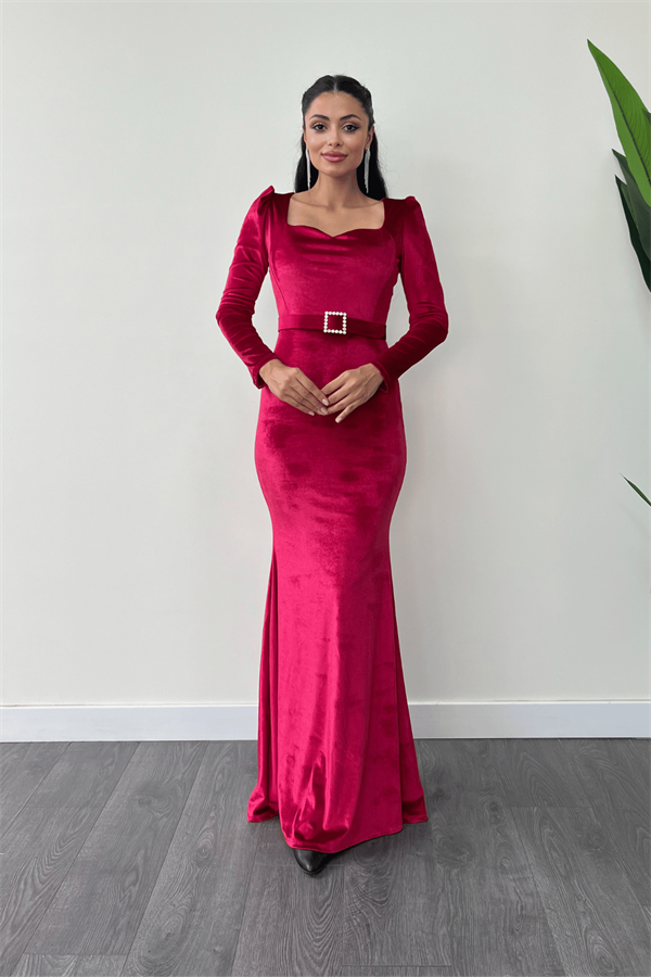 Kadife Kumaş Kalp Yaka Balık Elbise - BORDO