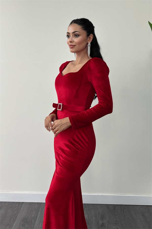Kadife Kumaş Kalp Yaka Balık Elbise - KIRMIZI
