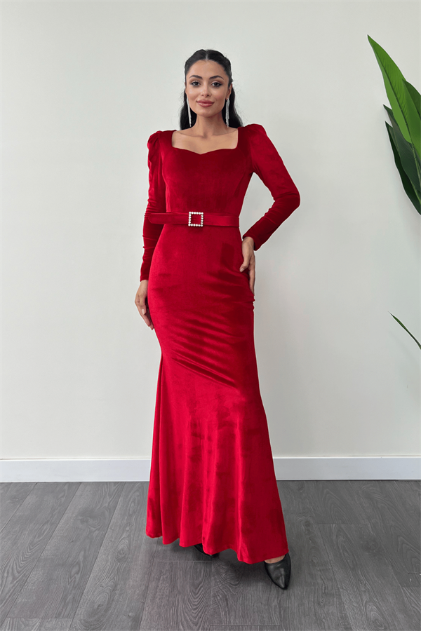Kadife Kumaş Kalp Yaka Balık Elbise - KIRMIZI