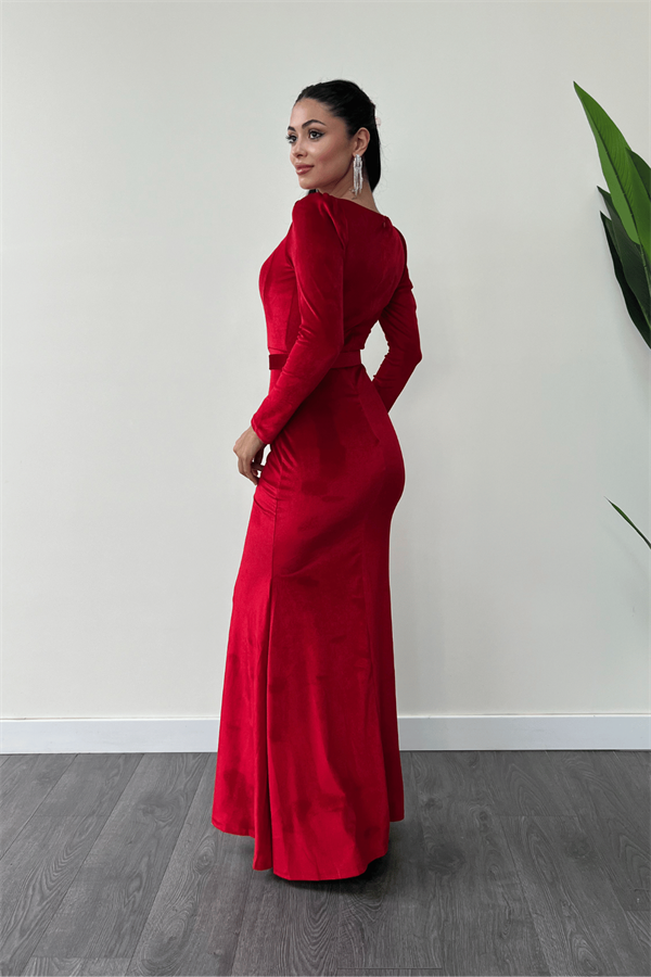 Kadife Kumaş Kalp Yaka Balık Elbise - KIRMIZI