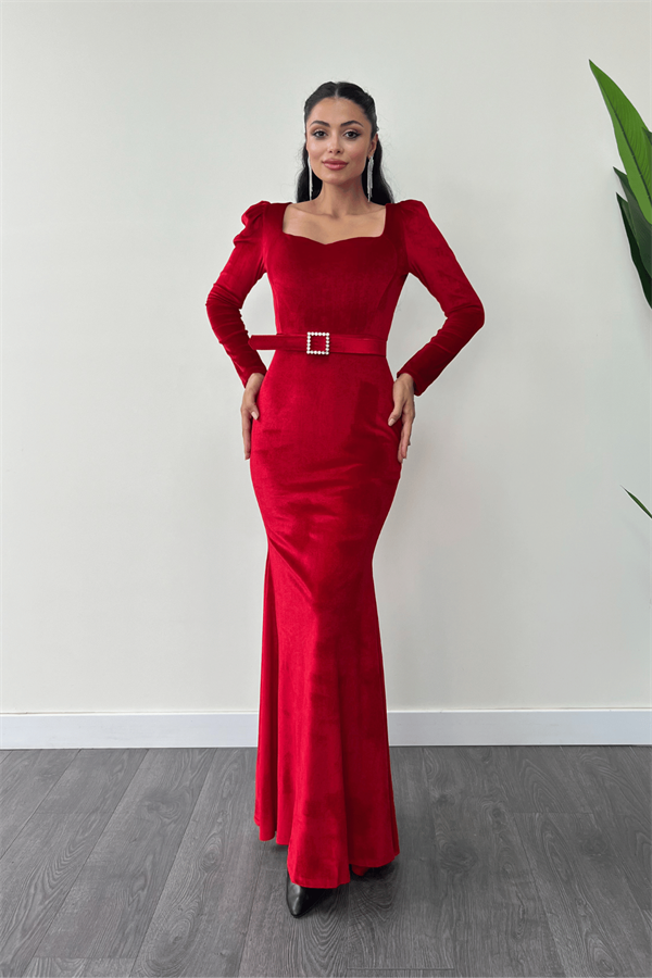 Kadife Kumaş Kalp Yaka Balık Elbise - KIRMIZI