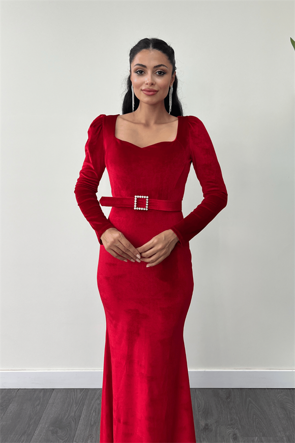 Kadife Kumaş Kalp Yaka Balık Elbise - KIRMIZI