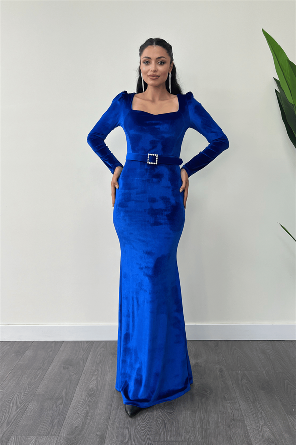 Kadife Kumaş Kalp Yaka Balık Elbise - SAKS MAVİ