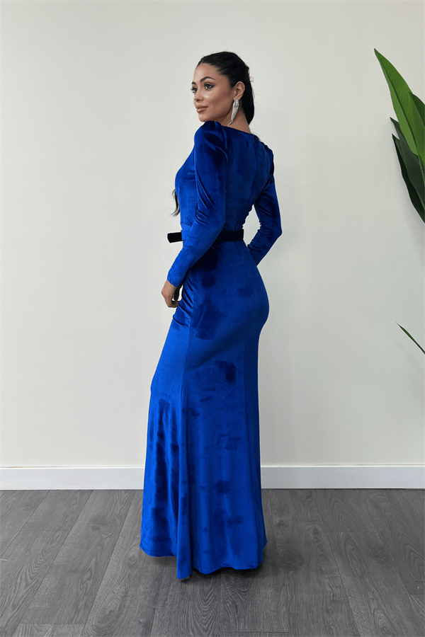 Kadife Kumaş Kalp Yaka Balık Elbise - SAKS MAVİ