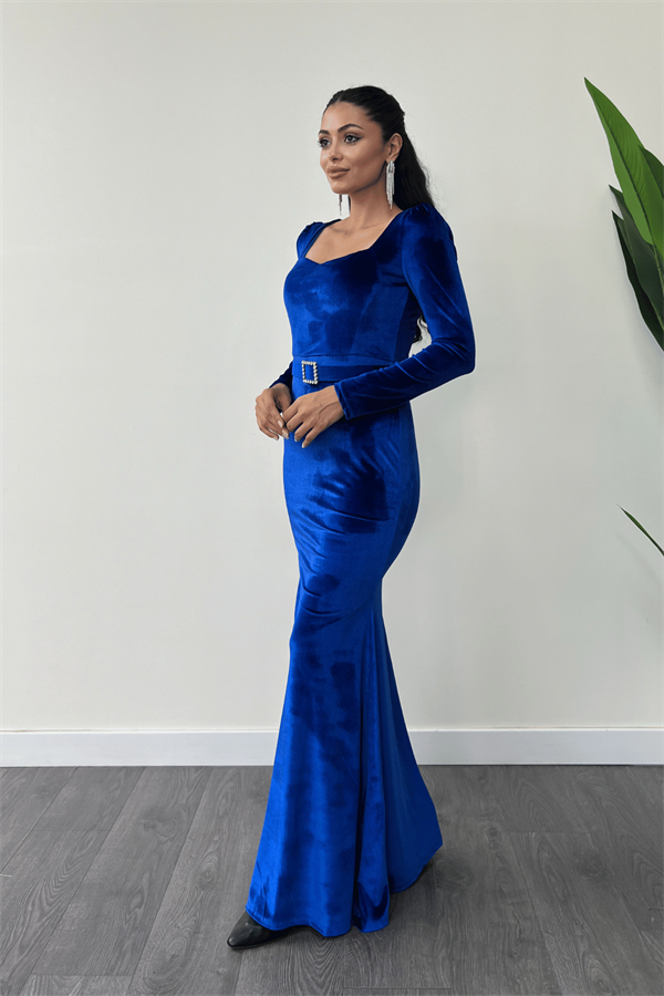 Kadife Kumaş Kalp Yaka Balık Elbise - SAKS MAVİ