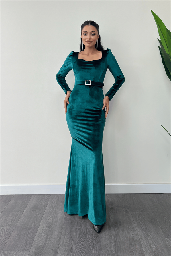 Kadife Kumaş Kalp Yaka Balık Elbise - ZÜMRÜT YEŞİL