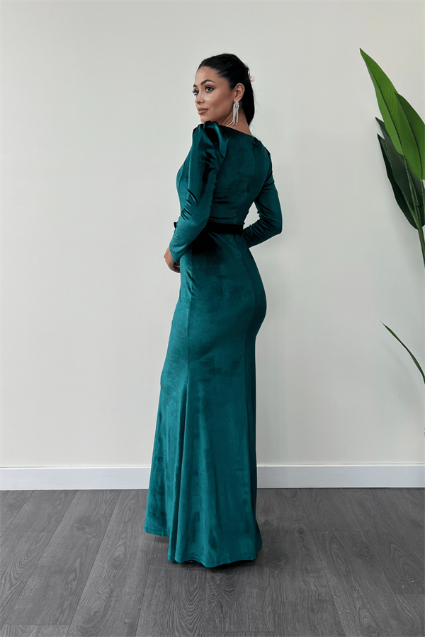 Kadife Kumaş Kalp Yaka Balık Elbise - ZÜMRÜT YEŞİL