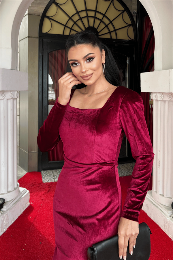 Kadife Kumaş Kare Yaka Elbise - BORDO