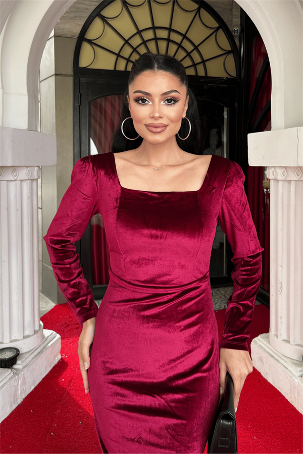 Kadife Kumaş Kare Yaka Elbise - BORDO