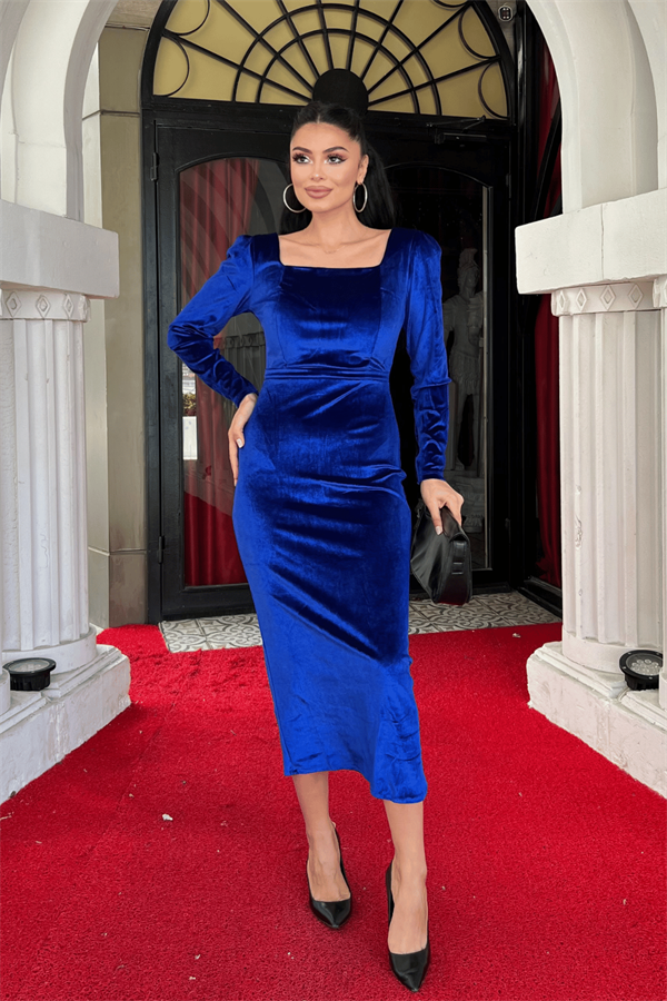 Kadife Kumaş Kare Yaka Elbise - SAKS MAVİ