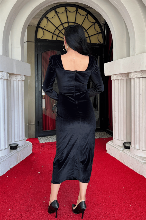 Kadife Kumaş Kare Yaka Elbise - SİYAH