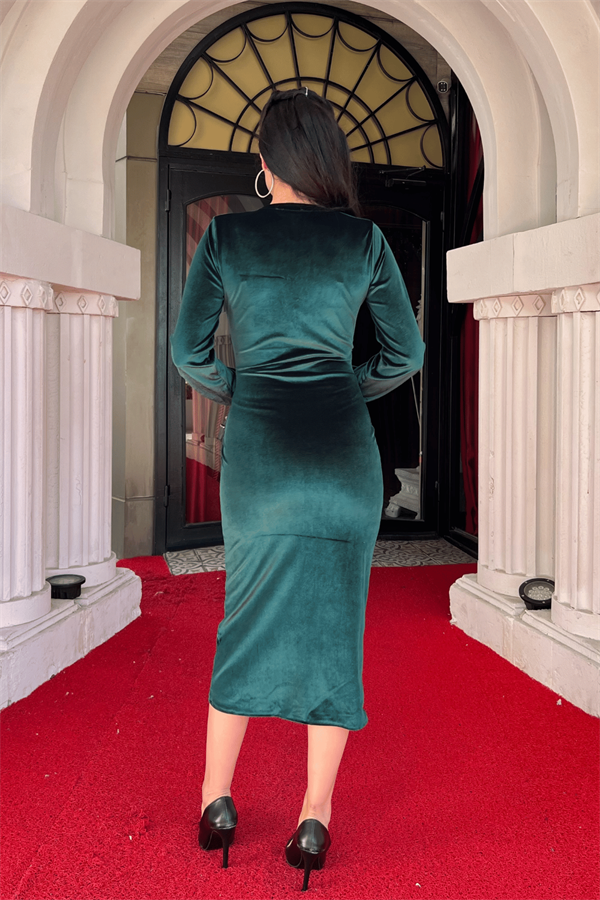 Kadife Kumaş Kruvaze Yaka Kalem Elbise - ZÜMRÜT YEŞİL