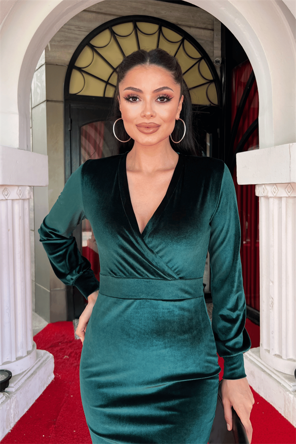 Kadife Kumaş Kruvaze Yaka Kalem Elbise - ZÜMRÜT YEŞİL