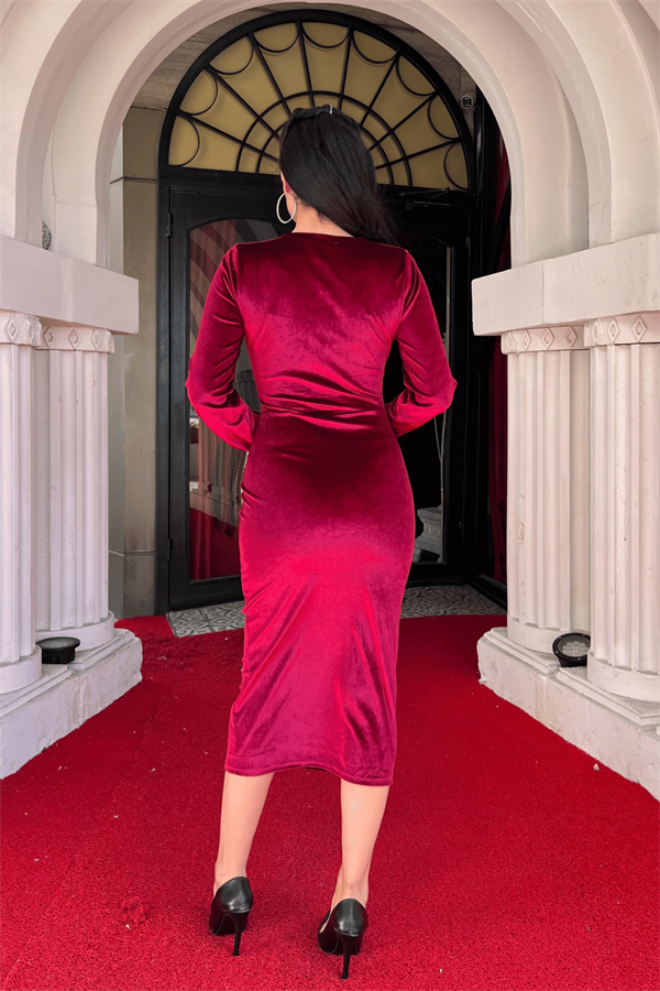 Kadife Kumaş Kruvaze Yaka Kalem Elbise - BORDO