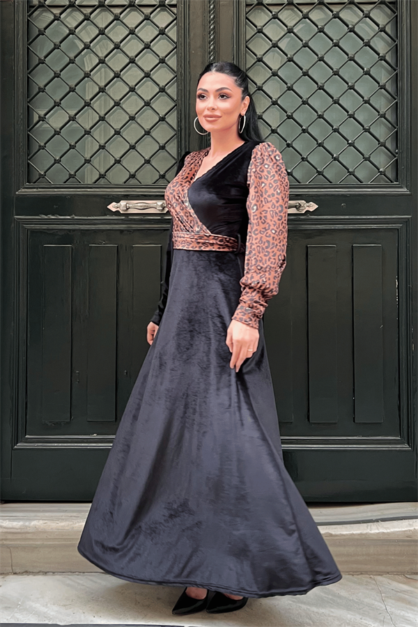 Kadife Kumaş Kruvaze Yaka Leopar Elbise - LEOPAR