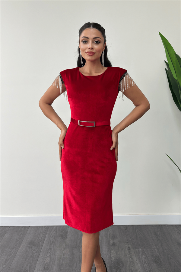 Kadife Kumaş Omuz Püsküllü Kalem Elbise - KIRMIZI