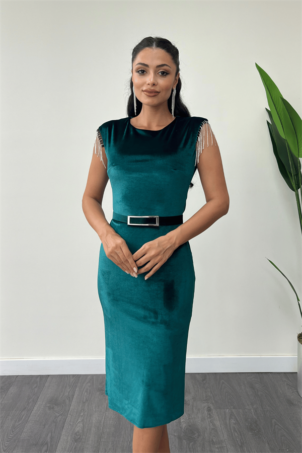 Kadife Kumaş Omuz Püsküllü Kalem Elbise - ZÜMRÜT YEŞİL