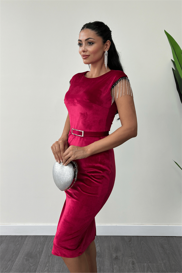 Kadife Kumaş Omuz Püsküllü Kalem Elbise - BORDO