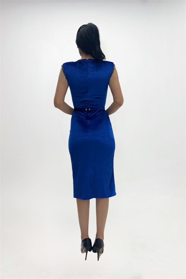 Kadife Kumaş Omuz Püsküllü Kalem Elbise - SAKS MAVİ