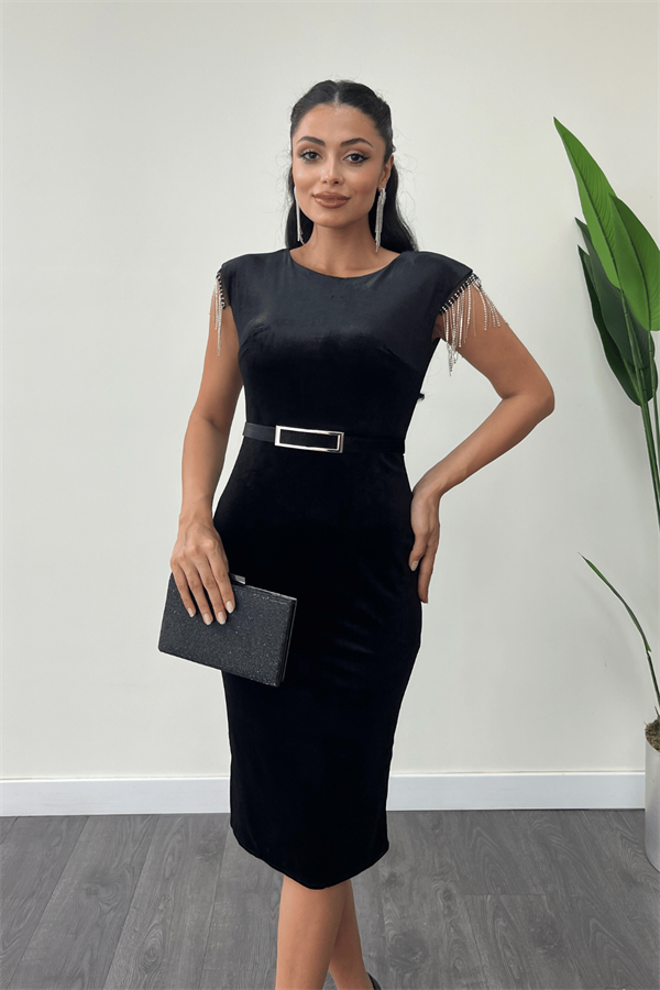 Velvet Fabric Shoulder Tassel Pencil Dress - Black
