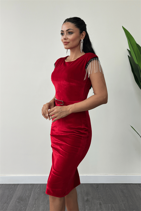 Kadife Kumaş Omuz Püsküllü Kalem Elbise - KIRMIZI