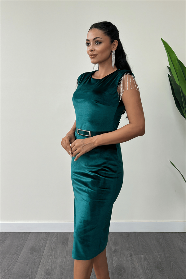 Kadife Kumaş Omuz Püsküllü Kalem Elbise - ZÜMRÜT YEŞİL