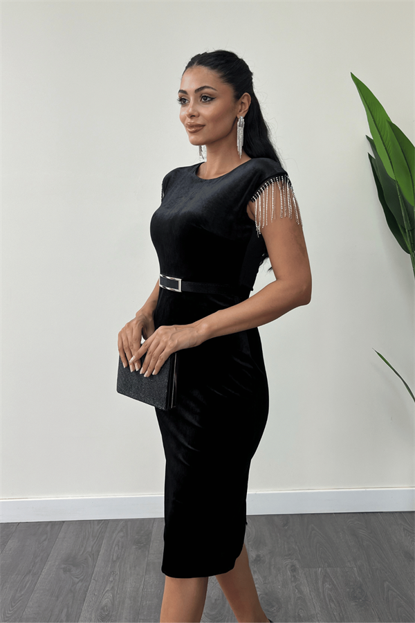 Velvet Fabric Shoulder Tassel Pencil Dress - Black