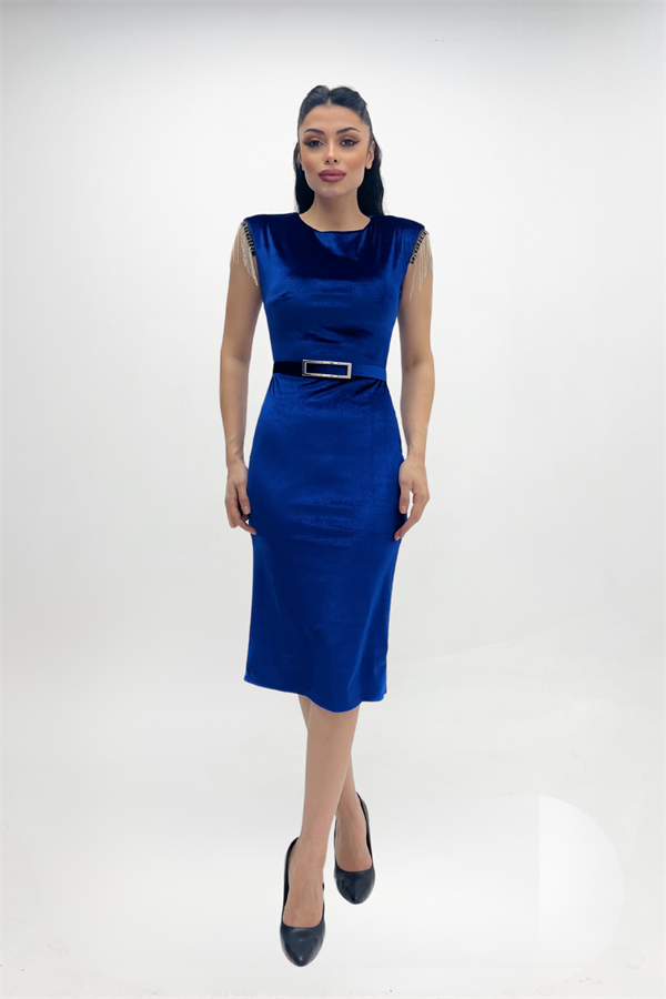 Kadife Kumaş Omuz Püsküllü Kalem Elbise - SAKS MAVİ
