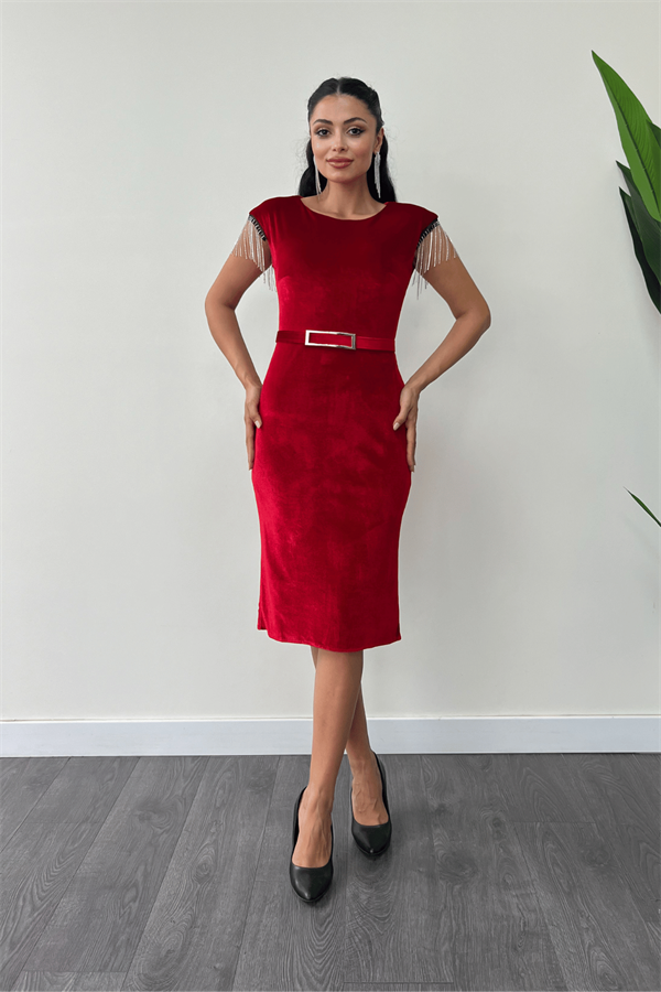 Kadife Kumaş Omuz Püsküllü Kalem Elbise - KIRMIZI