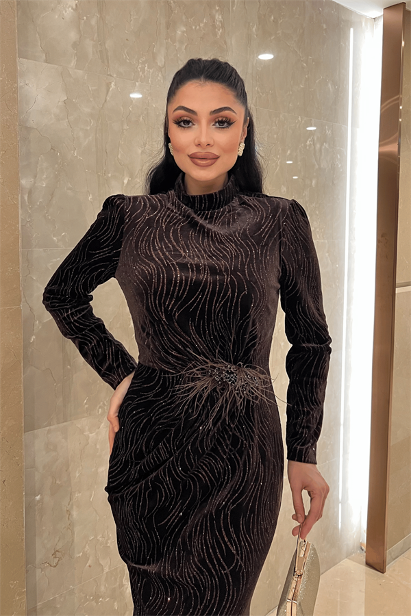 Kadife Kumaş Sim Baskılı Abiye Elbise - KAHVERENGİ