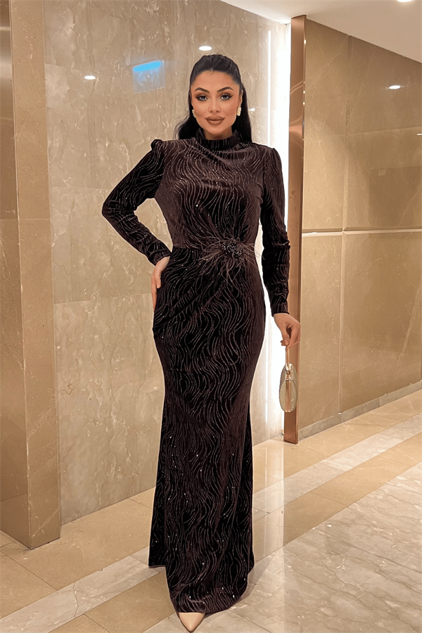 Kadife Kumaş Sim Baskılı Abiye Elbise - KAHVERENGİ