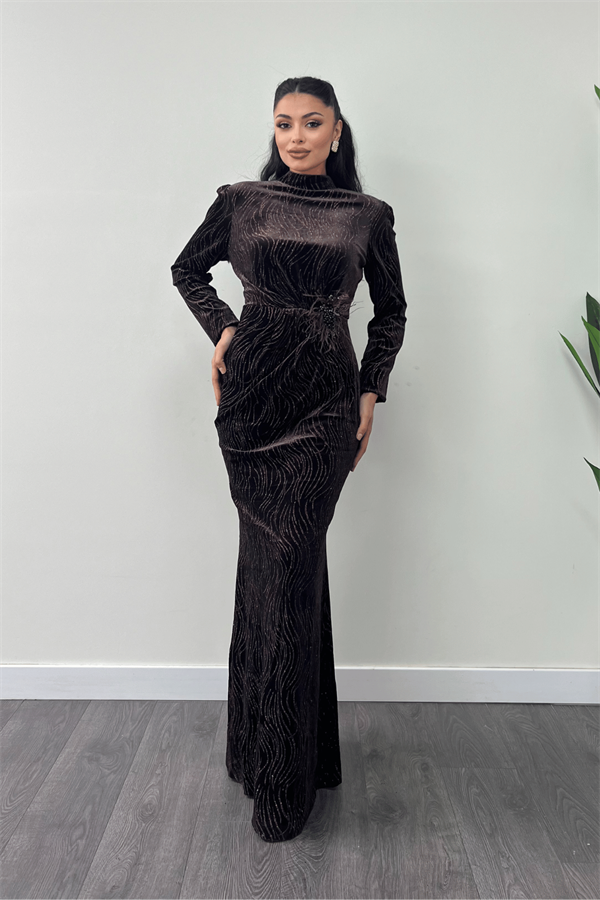 Kadife Kumaş Sim Baskılı Abiye Elbise - KAHVERENGİ