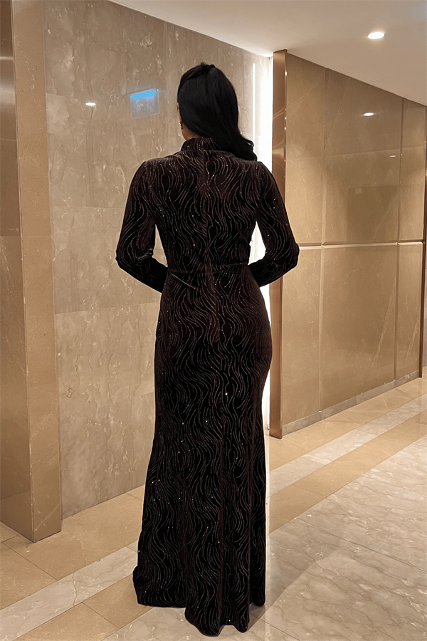 Kadife Kumaş Sim Baskılı Abiye Elbise - KAHVERENGİ