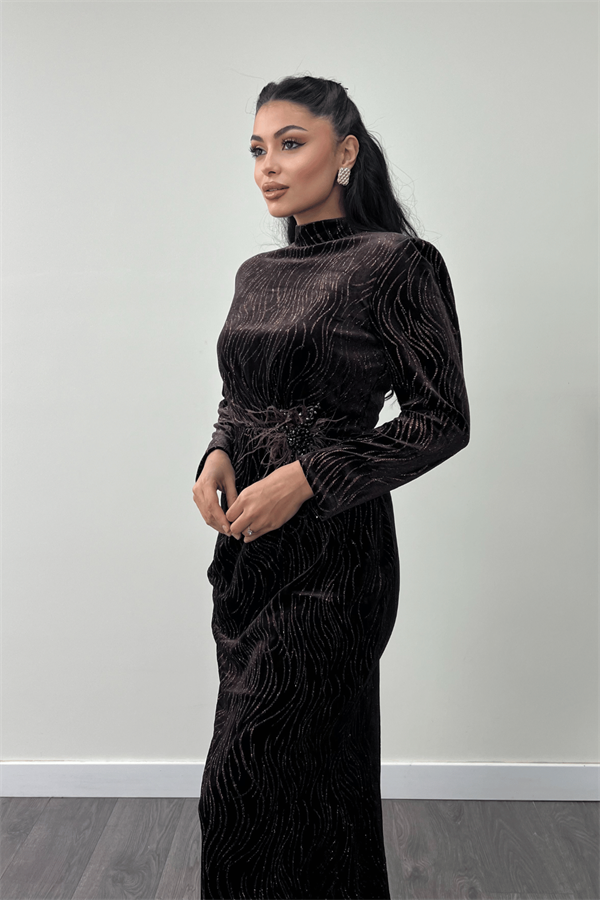 Kadife Kumaş Sim Baskılı Abiye Elbise - KAHVERENGİ