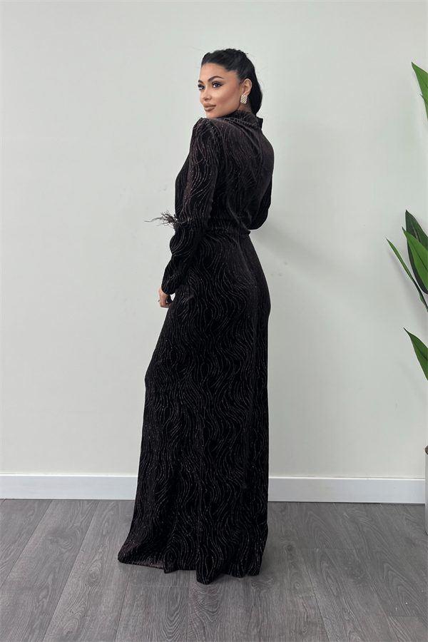 Kadife Kumaş Sim Baskılı Abiye Elbise - KAHVERENGİ