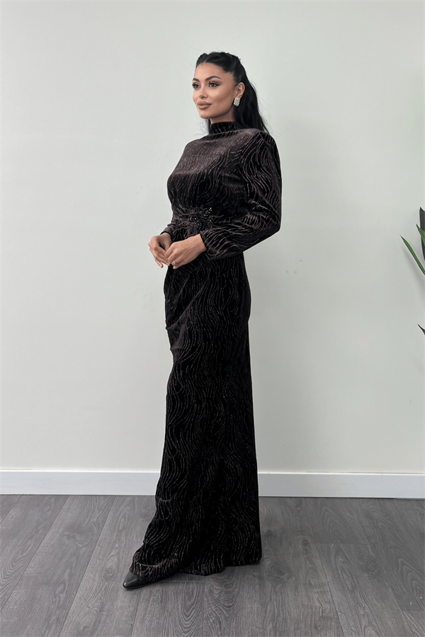 Kadife Kumaş Sim Baskılı Abiye Elbise - KAHVERENGİ