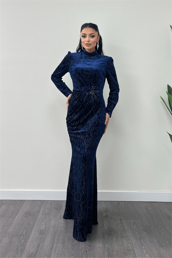 Kadife Kumaş Sim Baskılı Abiye Elbise - LACİVERT