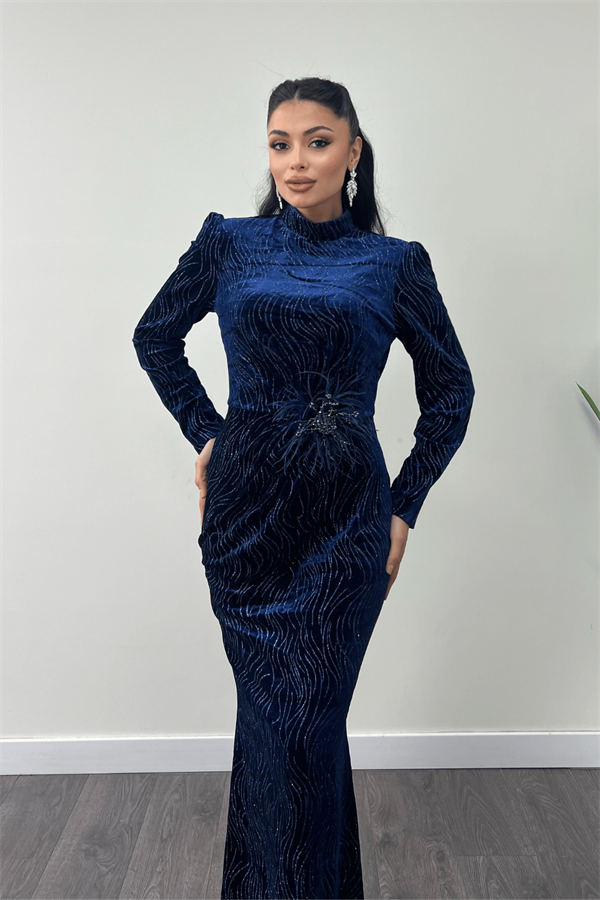 Kadife Kumaş Sim Baskılı Abiye Elbise - LACİVERT