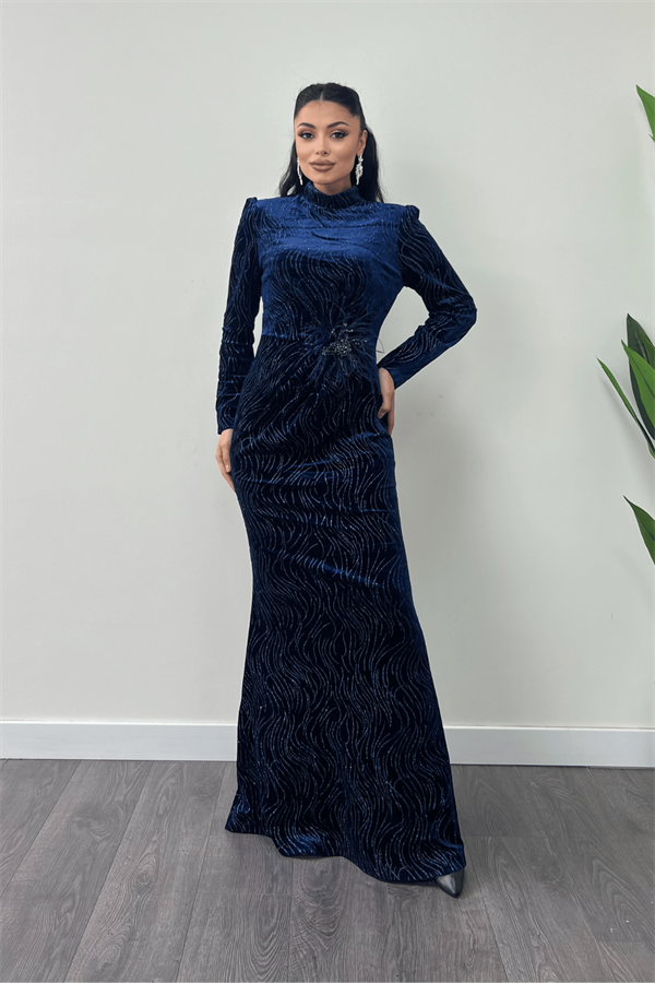 Kadife Kumaş Sim Baskılı Abiye Elbise - LACİVERT