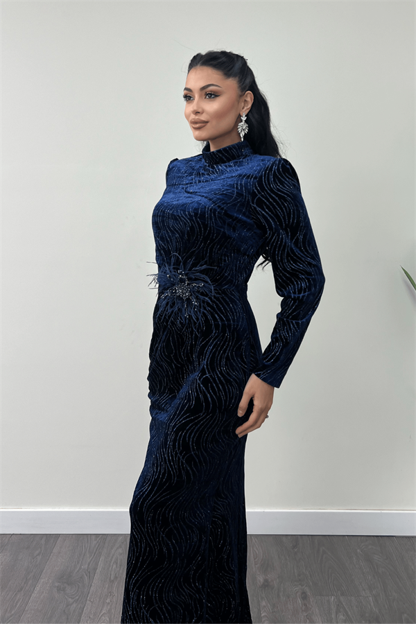 Kadife Kumaş Sim Baskılı Abiye Elbise - LACİVERT