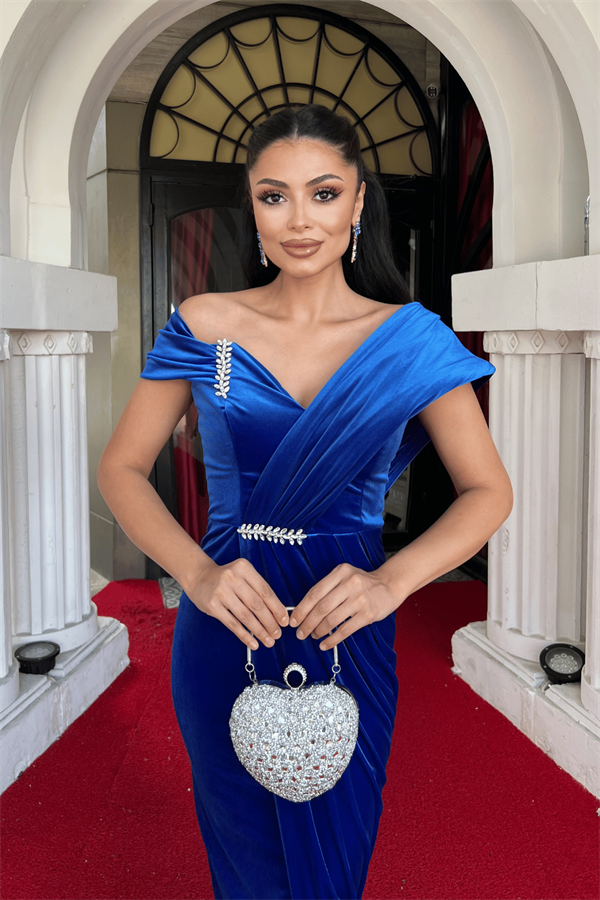 Kadife Kumaş Taş Detaylı Abiye Elbise - SAKS MAVİ