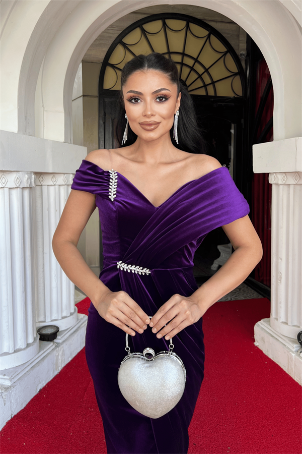 Kadife Kumaş Taş Detaylı Abiye Elbise - PATLICAN MOR