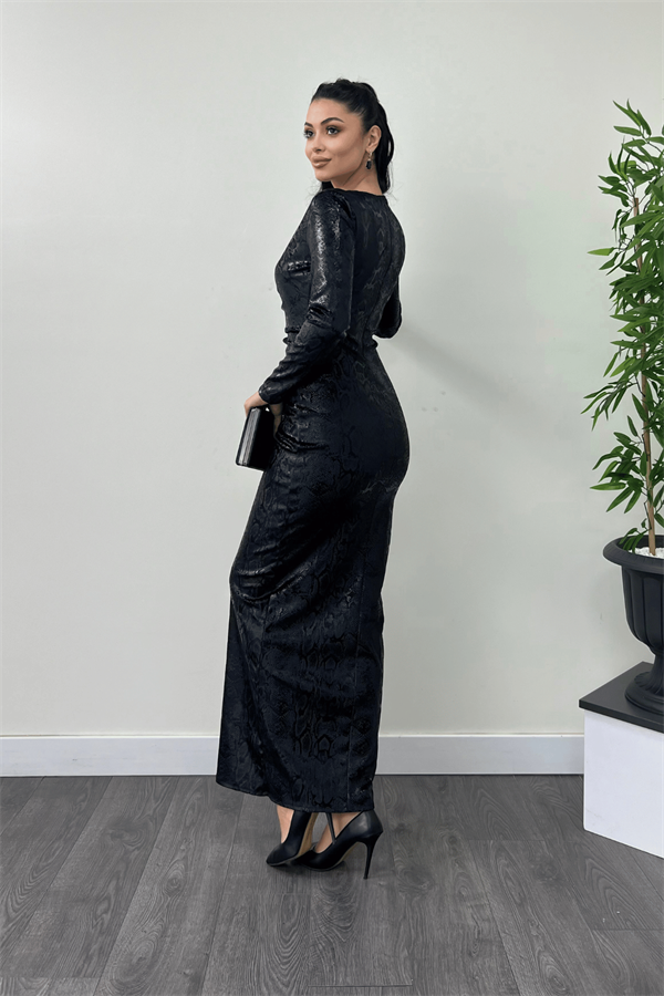 Kadife Kumaş Yılan Desen Büzgülü Elbise - SİYAH