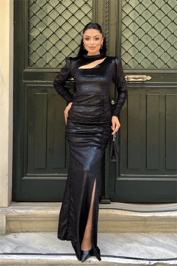 Kadife Kumaş Yılan Desenli Abiye Elbise - SİYAH