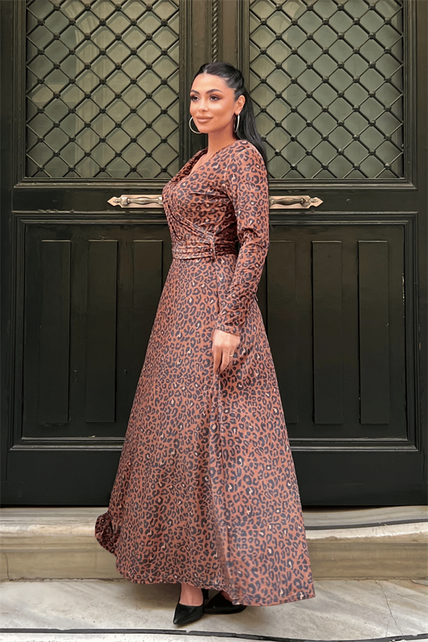 Kadife Leopar Desenli Elbise - LEOPAR