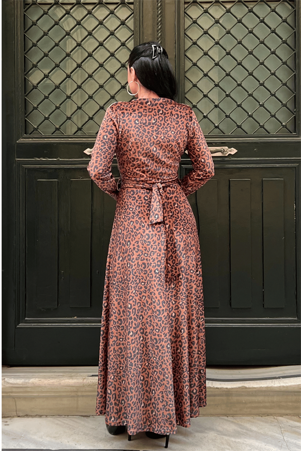 Kadife Leopar Desenli Elbise - LEOPAR
